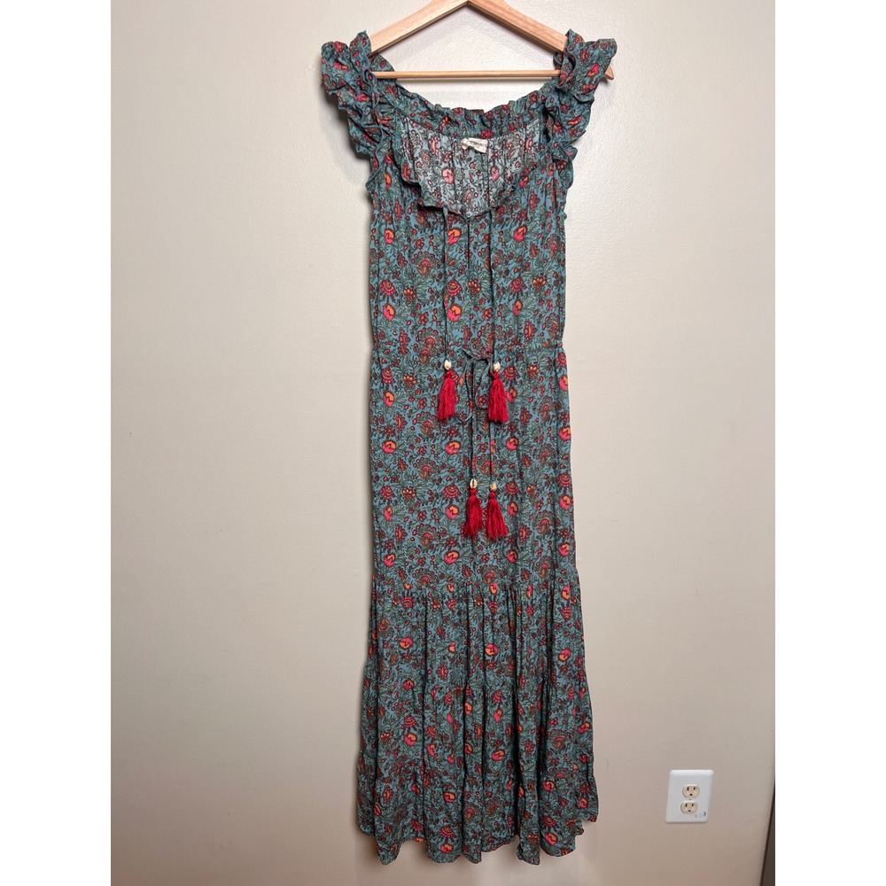 Natural Life Maxi Dress Tiered Womens M Teal Floral Tassel Boho Summer Flowy - Picture 2 of 6